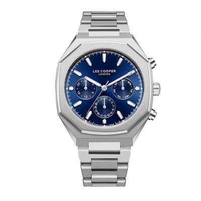 Lee Cooper LC08045.390 - Horloge - Polshorloge - Analoog - Mannen - Heren - stalen band - Achthoek - Metaal - Strepen - Datumaanduiding - 12/24H - Zilverkleurig - DonkerBlauw