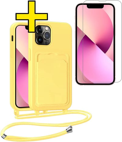Hoesje Geschikt voor iPhone 13 Pro Telefoonhoesje Met Koord Case Pashouder Met Screenprotector Siliconen - Hoes Geschikt voor iPhone 13 Pro Hoesje Met Kaarthouder - Geel
