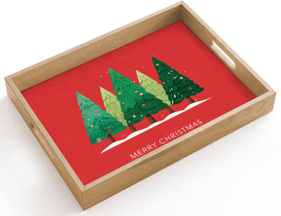 Dienblad hout 40x30 cm - Schootdienblad - Minimalistisch - Kerstbomen - Rood - Sneeuw - Borrelplank rechthoek - Plateau dienbladen