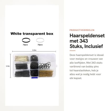 Dailygoods- Haarspeldenset 343 stuks - Bobby Pins / U-haarklemmen - Spiraalhaarspelden - Haarelastieken - Kapselaccessoires - Opbergdoos inbegrepen