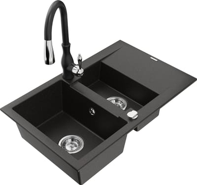 Mexen Gaspar granieten spoelbak 1,5-kamer met afdruiprek en keukenkraan Savita, zwart/goud - 6507-75-672601-70