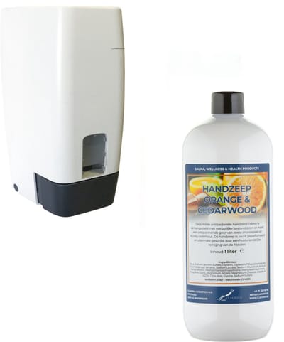 Zeepdispenser 1 liter kunststof hervulbaar + 1 liter handzeep Sweet Orange & Cedarwood