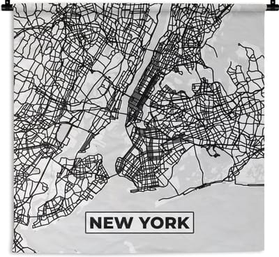 Wandkleed - Wanddoek - Stadskaart - Plattegrond - New York - Kaart - Zwart Wit - 180x180 cm - Wandtapijt