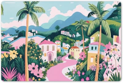 Placemats 45x30 cm - Placemat kunststof - 1 stuk - Kleurrijk - Huizen - Heuvels - Roze - Borden onderleggers - Decoratie voor op tafel - Keuken tafeldecoratie accessoires - Vinyl onderlegger - Tafelversiering