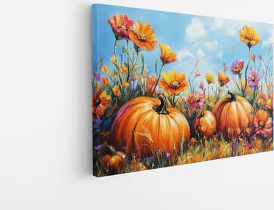 Saammp Canvas Schilderij - Pompoenen en Bloemen in de Herfstzon - Kleurrijk - Natuur - 45x30 - Foto op canvas - Wanddecoratie - Muurdecoratie Woonkamer - Boho Stijl