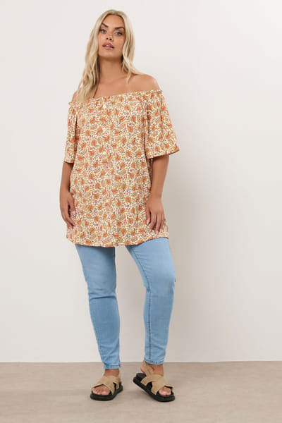 Yours Bardot Top Met Bladerprint Met Textuur En Knoopdetail In Oranje Size 42