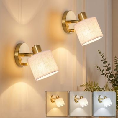 MUPOO wandlamp binnen met Linnen Kap met 360° Draaibaar & 90° Kantelbaar- Hotel Chique Verstelbaar Dimbare E27 bedlampje wand met Schakelaar-Leeslamp wand Voor Slaapkamer Woonkamer Gang Hal -Inclusief lichtbron-Goud-2 stuks