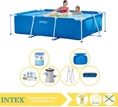 Intex Rechthoekig Frame Zwembad - 220 x 150 x 60 cm - Blauw - Inclusief Afdekzeil - Onderhoudspakket - Zwembadfilterpomp - Filter - Ladder - Voetenbad - 7-delig