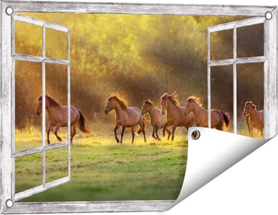 Gards Tuinposter Doorkijk Kudde Bruine Paarden in de Wei - 60x40 cm - Tuindoek - Tuindecoratie - Wanddecoratie buiten - Tuinschilderij