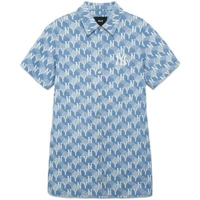 MLB New York Yankees Logo Imprimé Partout Brodé Coupe Ample Sportif Décontracté Jean Manches Courtes Robe Robe Femme Bleu Ciel Clair 3FDDM0133-50SBL XS gray