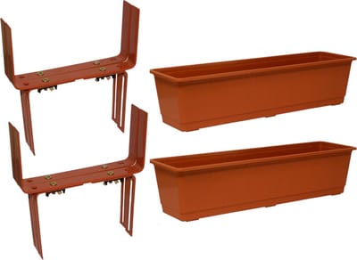 Set van 2 kunststof plantenbakken terracotta rechthoekig 60 cm met 4 verstelbare balkon/muurbeugels
