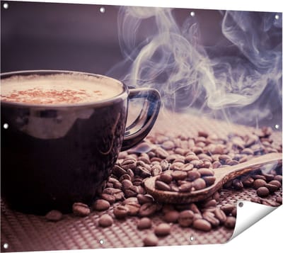 Gards Tuinposter Hete Koffie Kop met Koffiebonen - 120x90 cm - Tuindoek - Tuindecoratie - Wanddecoratie buiten - Tuinschilderij