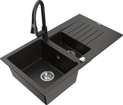 Mexen Matias granieten gootsteen 1,5-kamerig met afdruipplaat en keukenkraan Elia, zwart/goud metallic - 6502-75-670101-70