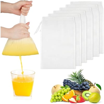 EXCITAT Filterzak - Passeerdoek - Fijn geweven filterdoek - Notenmelkzak - Herbruikbaar - Met trekkoord - Voor notenmelk, kaas, koffie, yoghurt, sap - Nylon - 20 x 30 cm - 6 stuks