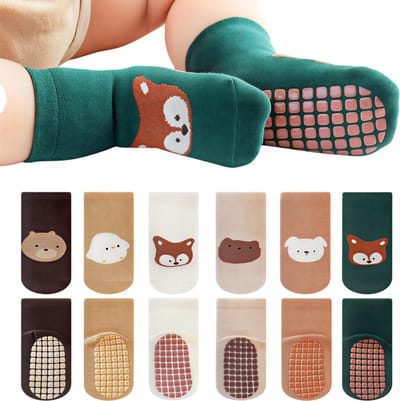 6 Paar Antislip Kindersokken Maat L (3–5 Jaar, 14–15 cm) – Cartoon Vos & Beer Vloersokken voor Jongens en Meisjes | Baby & Peuter Sokken, Zachte Anti-Slip Sokken voor Kinderen, Leuke Cartoon Sokken