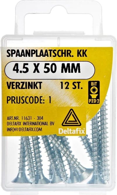 Spaanplaatschroeven. Platkop. Kruiskop- Pozidrive-2. Verzinkt 4.5x50mm. lang. 12 stukas Houtschroeven. Deltafix.