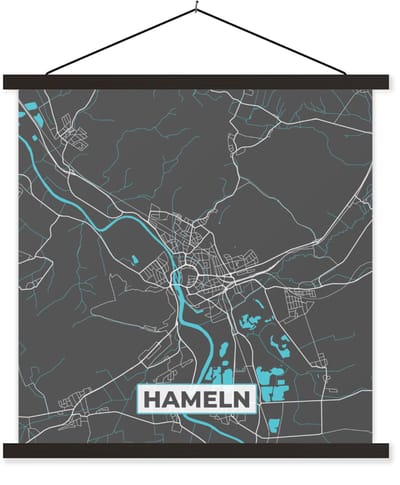 Posterhanger incl. Poster 60x60 cm - Schoolplaat - Stadskaart – Plattegrond – Duitsland – Blauw – Hameln – Kaart - Textielposter - Zwarte latten - Stadskaart