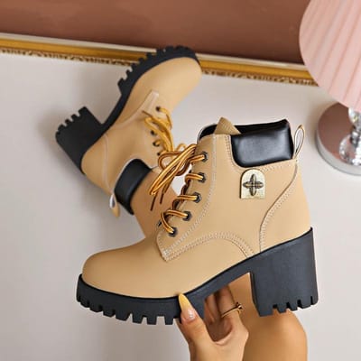 Nieuwe Winter Dames Laarzen Hoge Kwaliteit Veterschoenen Mode Designer Schoenen voor Dames Casual Comfortabele Hoge Hakken Laarzen Dames 35 geel