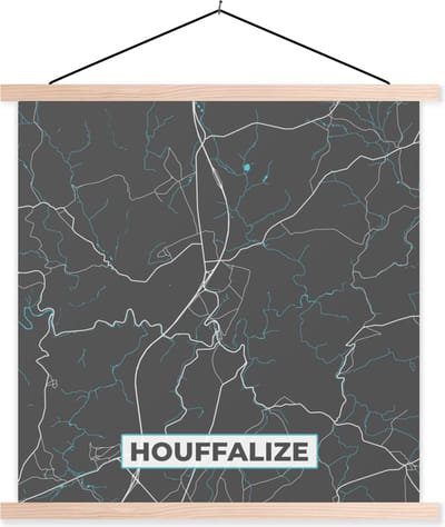 Posterhanger incl. Poster 40x40 cm - Schoolplaat - België – Houffalize – Stadskaart – Kaart – Blauw – Plattegrond - Textielposter - Blanke latten - Stadskaart