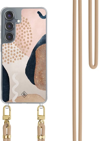 Casimoda® hoesje met koord - Geschikt voor Samsung S25 - Abstract Dots - Afneembaar koord - TPU/polycarbonaat - Bruin/beige