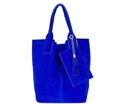 Blauwe Suède Shopper Kwastje & Etui - Suède Shoppers - Ruime Handtassen - Leer - Jeans Blauw