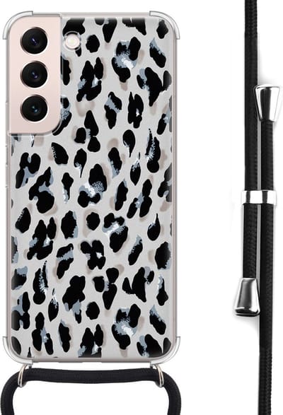 Hoesje met koord - Geschikt voor Samsung Galaxy S22 - Luipaard grijs - Verstelbaar zwart koord - Crossbody - Luipaardprint - Transparant, Grijs - Leuke Telefoonhoesjes