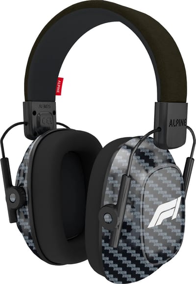 Alpine Formule 1 Racing Pro Oorkap voor Volwassenen - Officiële Formula 1® Premium Gehoorbescherming - Verstelbare Oorbeschermers met Draagtas - 24 dB SNR - Carbon