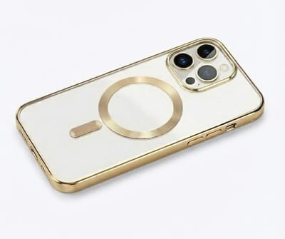 Transparant goudkleurig telefoon hoesje met metallic randen – geschikt voor iPhone 14 Pro Max MagSafe – luxe backcover met MagSafe ring en camera bescherming