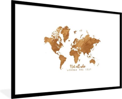 Poster in lijst - Fotolijst 90x60 cm - Posters - Wereldkaart - Brons - Touw - Posterlijst zwart - Decoratie - Wanddecoratie woonkamer - Muurdecoratie slaapkamer