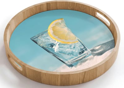 Dienblad rond 40x40 cm - Schootdienblad hout - Glas - ijsblokjes - Citroen - Borrelplank rechthoek - Plateau houten dienbladen