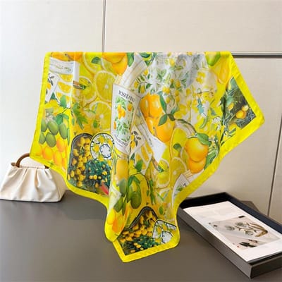 70*70cm Citroenprint Hijab Zijden Vierkante Sjaals Dames Hoofddoek Zachte Satijnen Neckerchief Mode Kerchief Vrouwelijke Foulard Bandana 70X70cm geel