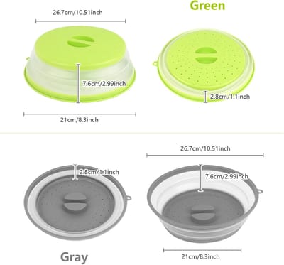 Opvouwbare magnetronafdekking, 26,5 cm, 2 stuks, opvouwbare magnetronhoes met haak, afdekhoes voor magnetrondeksel, BPA-vrij, filtermand met stoomgaten, voor groenten en fruit (grijs + groen)