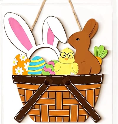 Houten Deurhanger Pasen - Lente Decoratie - Voordeur Versieren - Motief Haas Eieren - 29 x 30 cm - Houtkleur