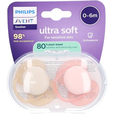 Philips Avent Ultra Soft – Superzachte siliconen fopspeen (0-6 mnd) – Voor gevoelige huid – 2 stuks - SCF091/38