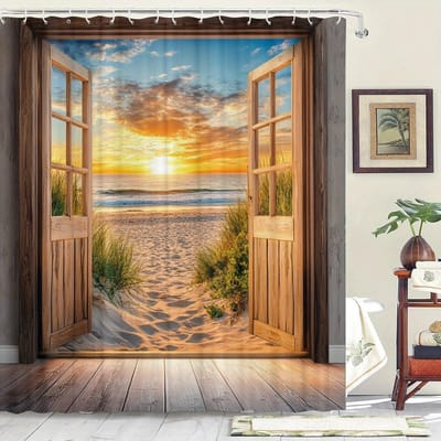 Sunset Beach met Houten Deur Douchegordijn voor Badkamerdecoratie, Perfect voor het Toevoegen van Kustcharme en Sereniteit W150XH180cm