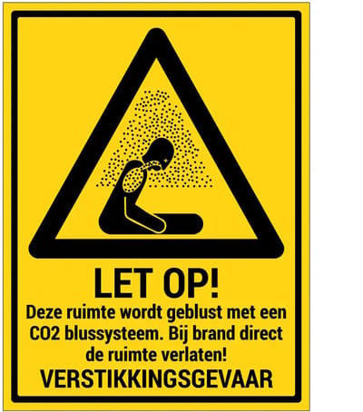 CO2 blussysteem verstikkingsgevaar sticker met tekst | 28 x 21 cm