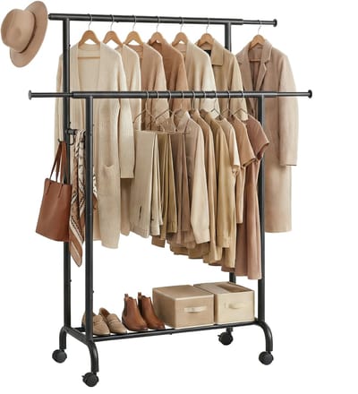 SONGMICS - Kledingrek - Kledingrek op wieltjes - Dubbele Uittrekbare Stangen - Stalen Frame - Max 80 kg