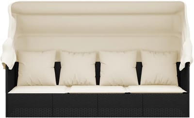 Loungebed met Inklapbare Luifel - Zwart Poly Rattan - Verstelbaar Zonnebed - Inclusief Crèmewitte Kussens - Luxe Ligbed voor Tuin & Balkon