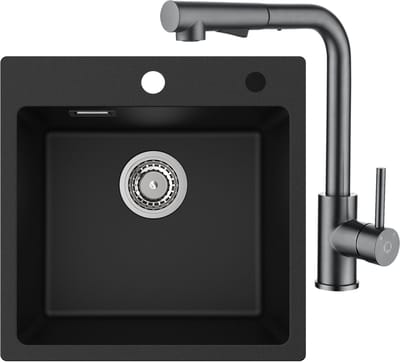 CECIPA Max Granieten Spoelbak 45x45cm Antraciet - Spoelbakken Keuken Met Keukenkraan Met Uittrekbare Uitloop - Spoelbak Met Kraangat - Onderbouw Spoelbak - 80% kwartszand en 20% hars