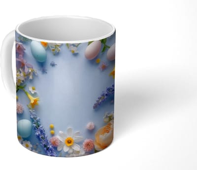 Mok - Koffiemok - Bloemen - Pastelkleuren - Eieren - Blauw - Mokken - 350 ML - Beker - Koffiemokken - Theemok