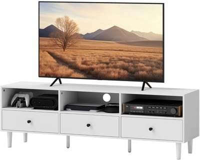 Wishdor - Tv-Meubel - 3 Open Vakken En 3 Laden - Kabeldoorvoer - Hout - Wit - 140 X 34 X 45 Cm