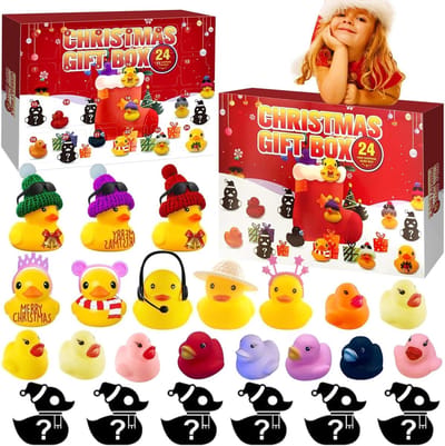 Adventskalender 2026-adventskalenders-adventkalender dames- Rubberen Eend - Kerstkalender Eend - 24 roosters voor jongens en meisjes, leeftijden 1, 2, 3, 4, 5, 6, 7, 8, 10, 12 - Piepende Eend - Adventskalender - Kerstcadeau - Geel-21x5x16cm