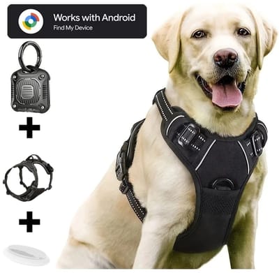 BlueTime - Hondenharnas - Inclusief Tag Case - Inclusief Tag - Hondentuig - Honden Harnas - Honden Tuigje - Honden Riem - Hondentuigje Kleine hond - Honden Halsband - Geschikt voor Android Find My Device - Maat S - Zwart