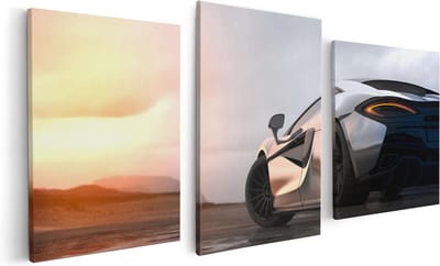 Artaza Canvas Schilderij Drieluik Zilveren Sportwagen Auto Bij Zonsondergang - 120x60 - Foto Op Canvas - Canvas Print