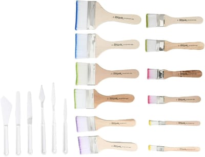 Brede platte penselenset met 12 stuks en 6 kunststof schildermessen voor acrylverf, olieverf en aquarel, inclusief diverse maten en comfortabele houten handgrepen