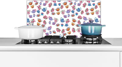 Spatscherm keuken 60x30 cm - Kookplaat achterwand Patronen - Thee - Rozen - Theepot - Muurbeschermer - Spatwand fornuis - Hoogwaardig aluminium