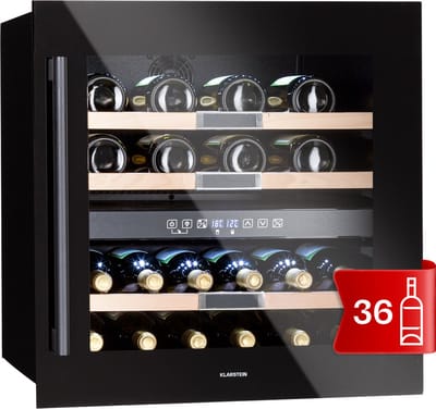 Klarstein Wijnkoeler Vinsider 36 - Wijnkoelkast - 2 Koelzones - 5-22°C - 85 Liter - Roestvrij Staal - Zwart - Wijnklimaatkast - 36 Flessen 42 cm - voor Bar - 2 Zones Glazen Deur Touch - LED Display - Wijnkast - Wine Cooler