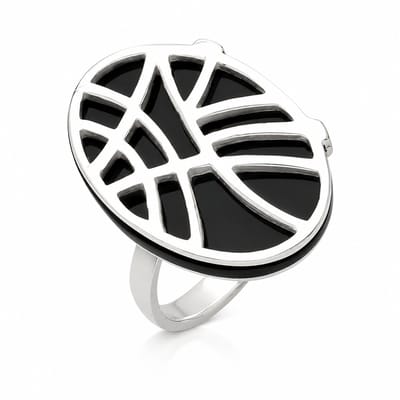 Mbrace Zilveren ring met zwarte onyx – 17mm - 925 sterling zilver damesring met open geometrisch patroon – ovale statement ring met zwart-zilver contrast