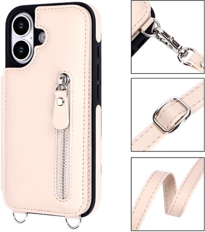 Casemania Hoesje Geschikt voor Apple iPhone 17 - Beige - Luxe Back Cover met Koord en Rits - Wallet Case met Pasjeshouder - Lanyard Telefoonhoes - Cord Case