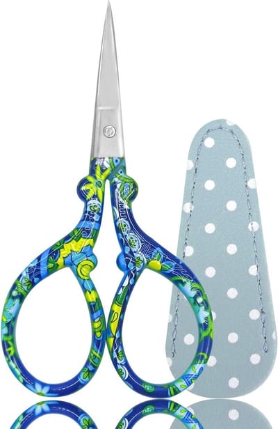 Kleine borduurschaar van roestvrij staal voor naaien, draadknippen en handwerk met leren hoes - Blauw en wit